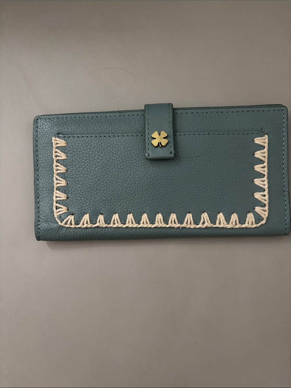 Lucky Brand Teal Wallet with Cream Whipstitch & Gold Clover